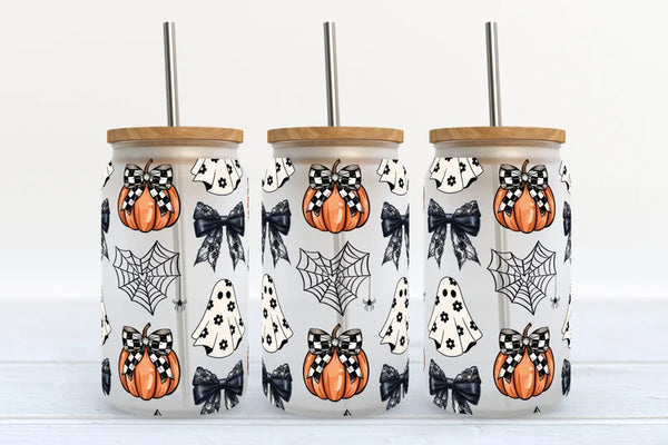 16oz Glass Can Tumbler Bows & Pumpkins