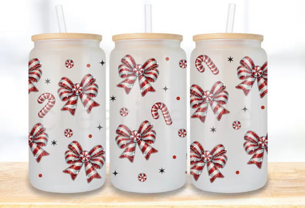 16oz Candy Cane Bows Glass Tumbler